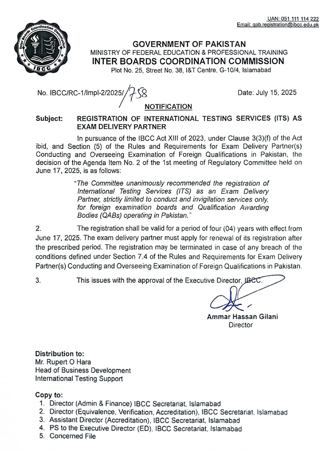 Registration of the International Testing Services as an Exam Delivery Partner